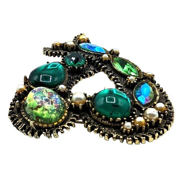 Foiled Glass Cabochon Rhinestone Brooch Har Style Green Aurora Borealis Vintage - Picture 4 of 11